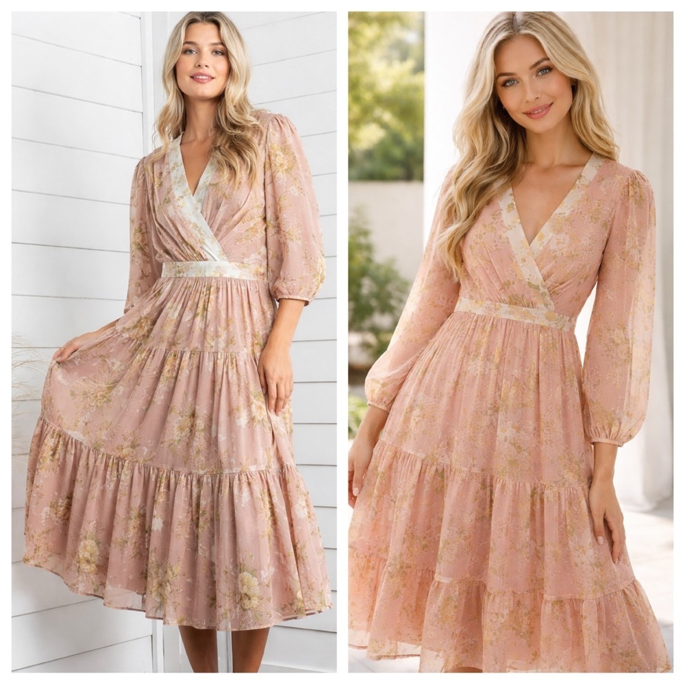 Taylor Floral V-Neck Tiered Midi Dress Size 6 - 23765